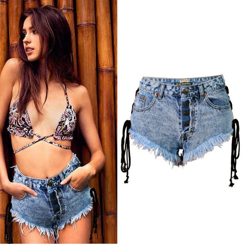 Snowflake High waist Side Tie up Denim Shorts