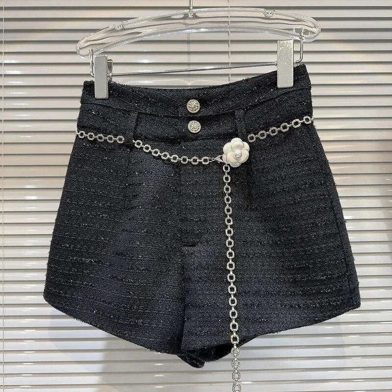 Pearl Flower Double Buttons Waist Chain Tweed Shorts