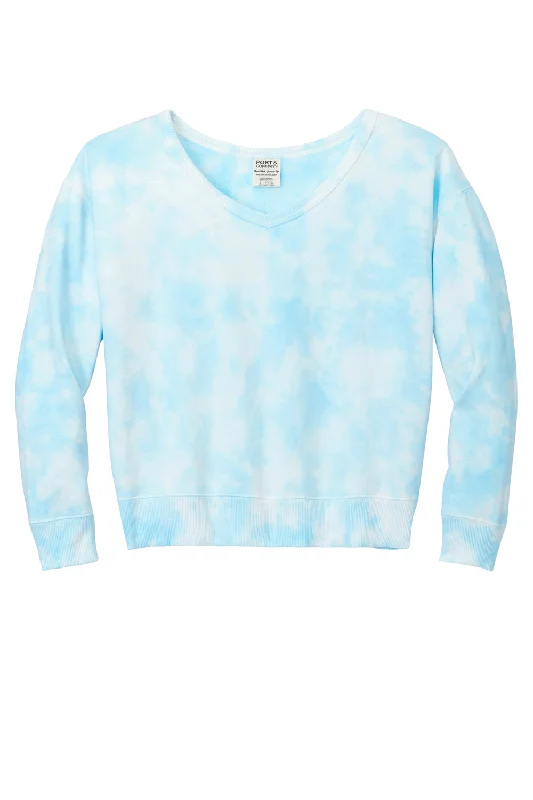 Port & Company Womens Beach Wash Tie Dye V-Neck Sweatshirt - Glacier Blue