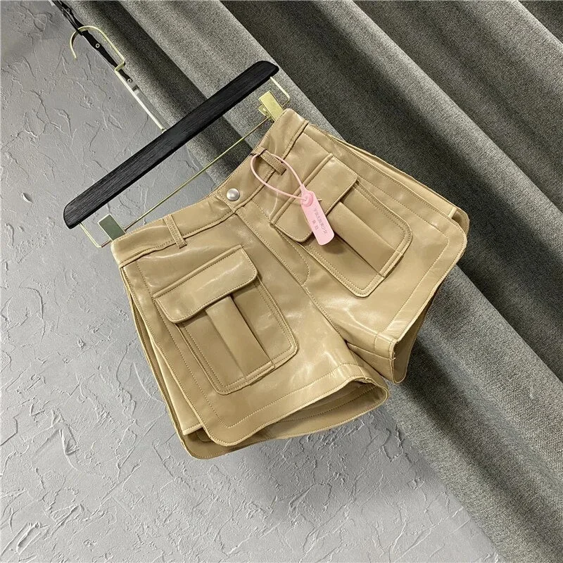 Pu High Waist  Loose Cargo Short