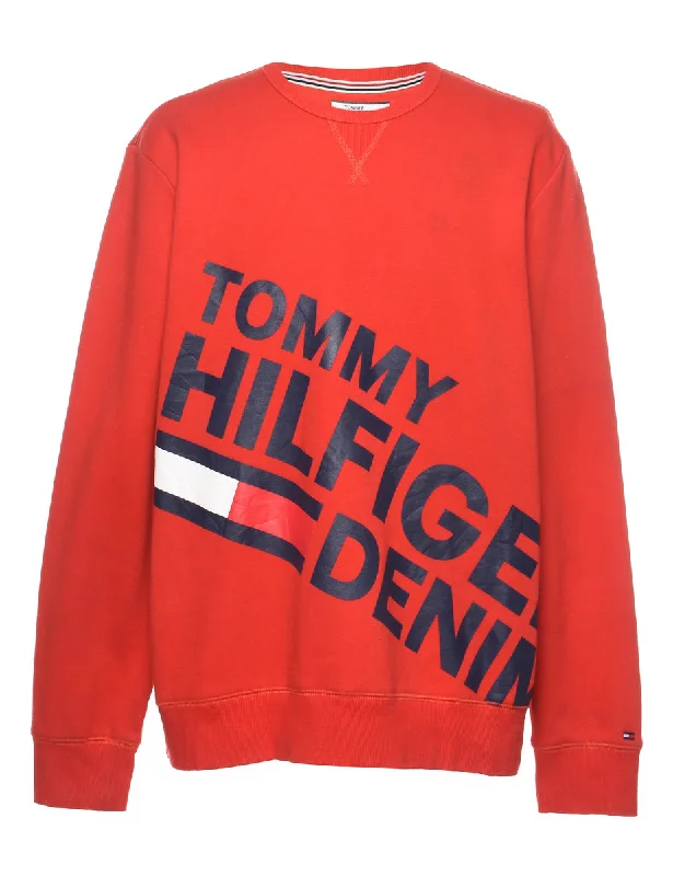 Tommy Hilfiger Red & Navy Printed 1990s Sweatshirt - XL