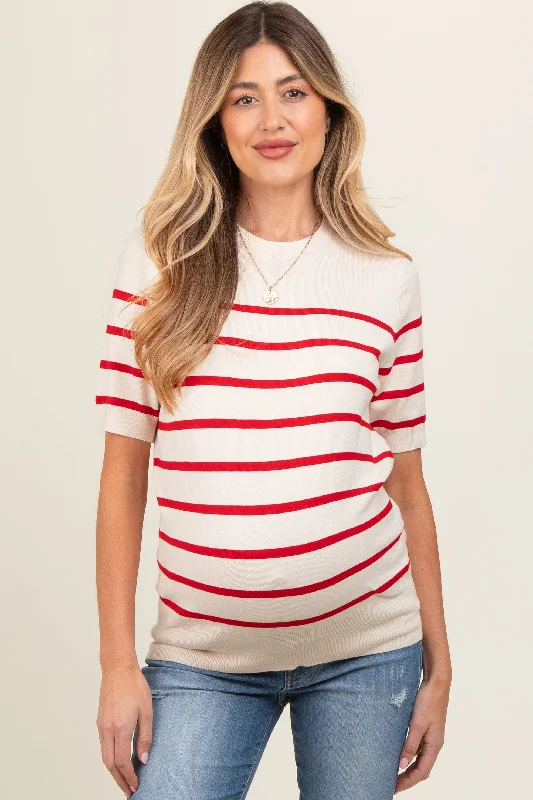 Red Striped Knit Maternity Short Sleeve Top