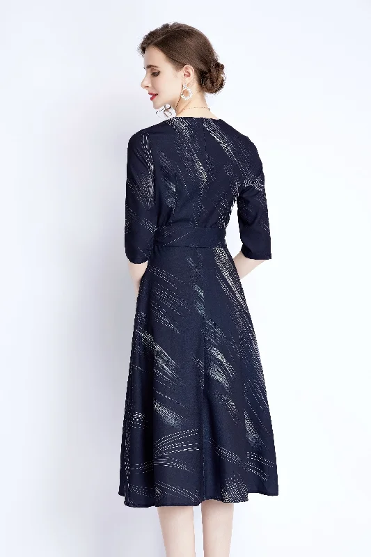 Navy Day A-line Crewneck Elbow Sleeve Below Knee Printed Dress