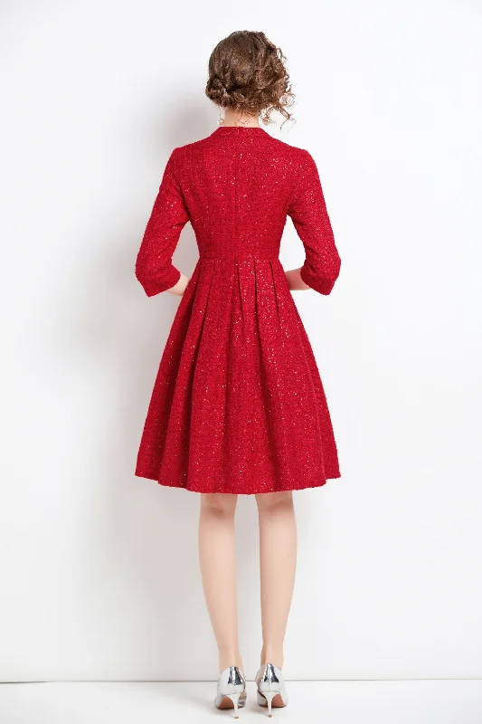 Red Office Classic A-line Crewneck Elbow Sleeve Knee Dress