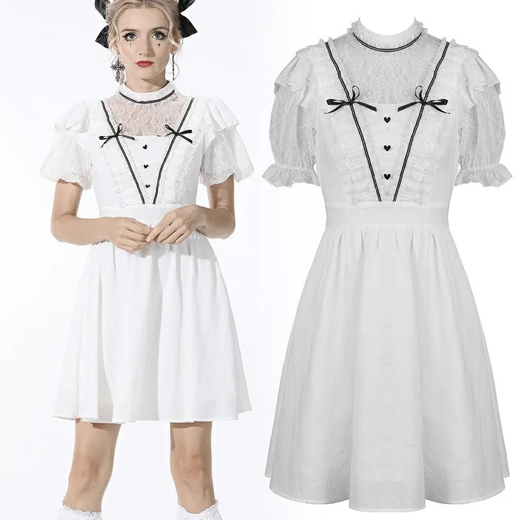 Women's Gothic Puff Sleeved Bowknot White Dress